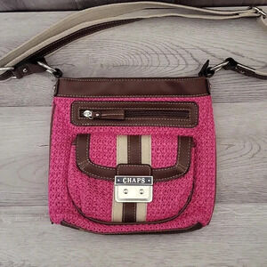 Chaps Pink Brown Woven Faux Leather Multi Pocket Crossbody Bag‎